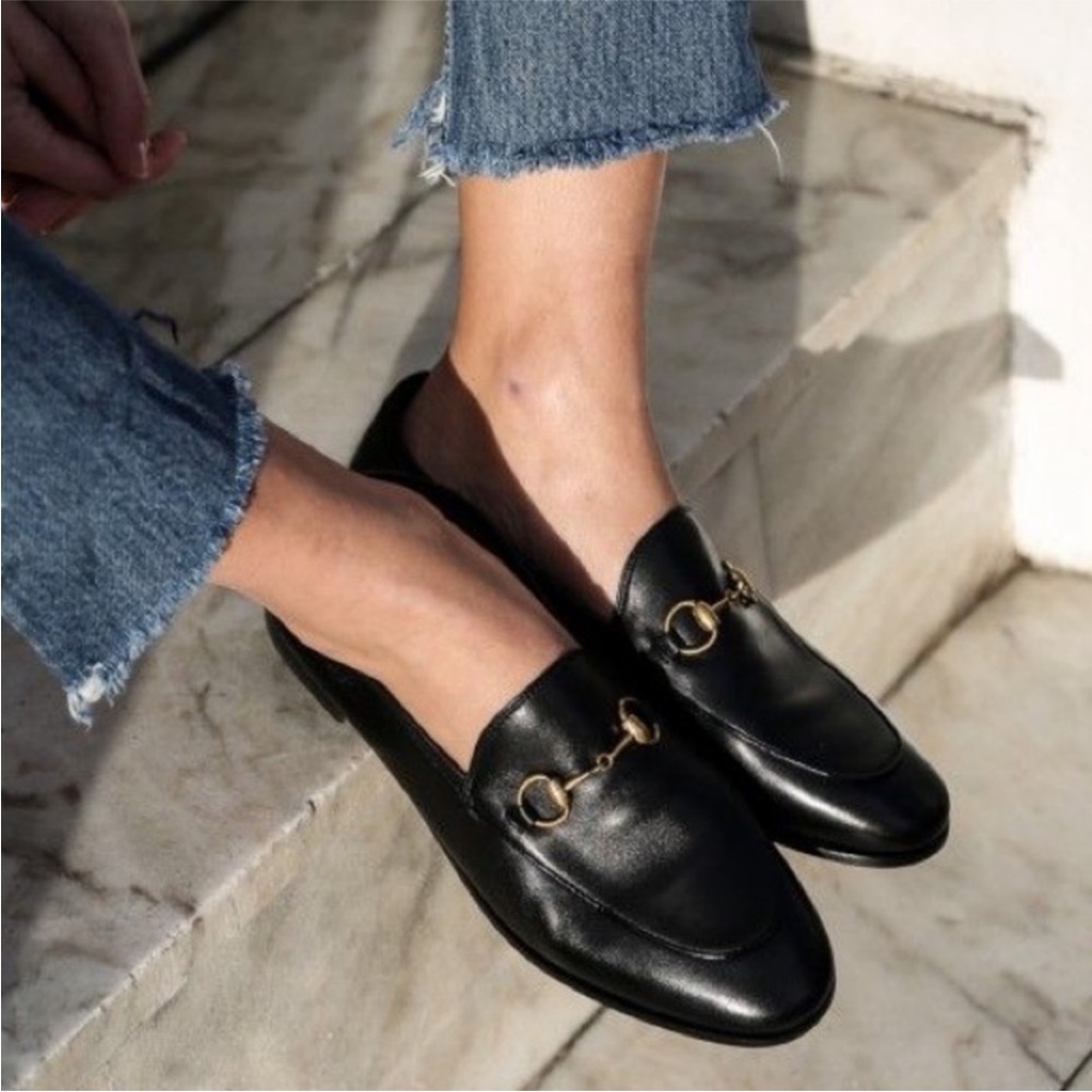 Gucci Brixton Black Leather Loafers Mules with Gold Detail Size 41